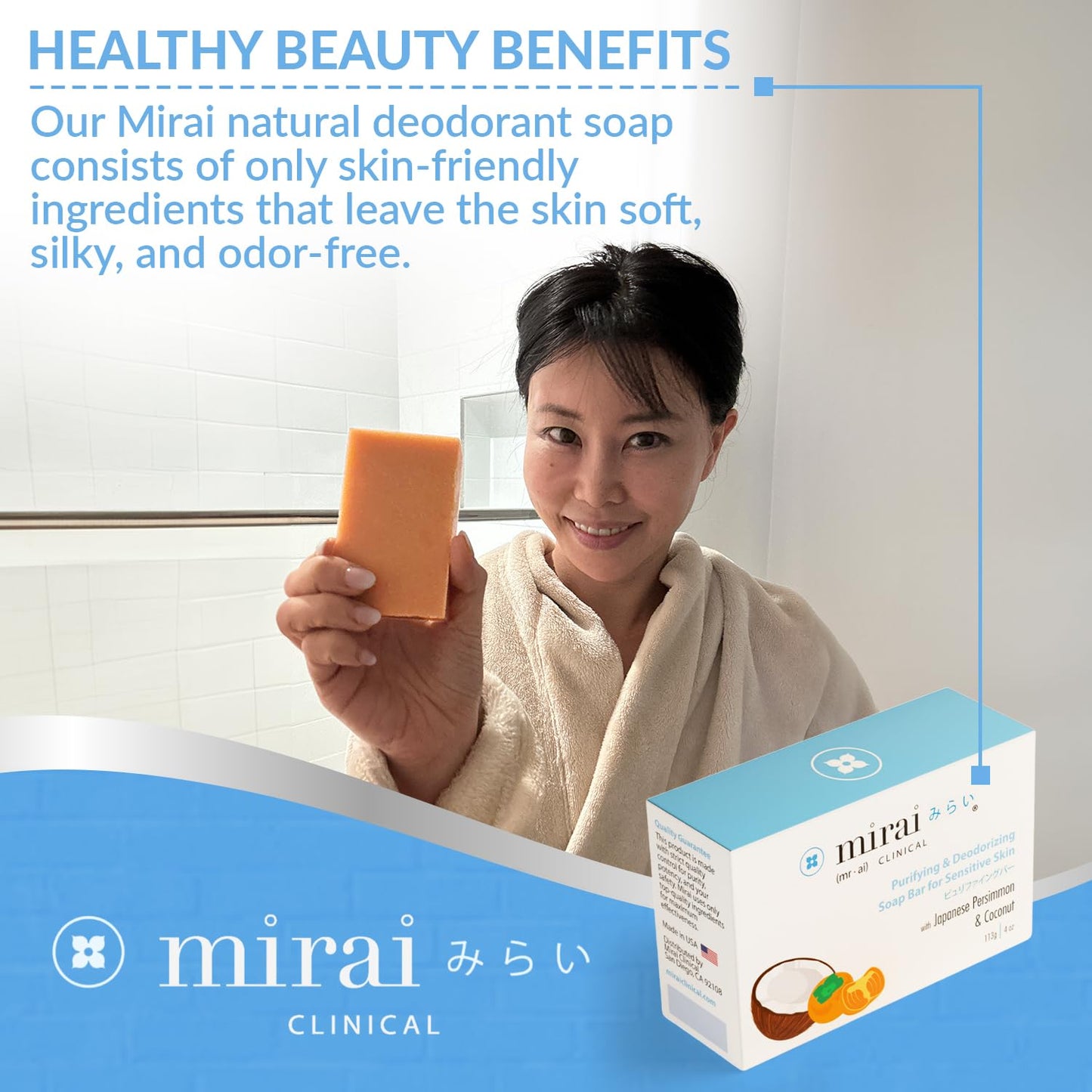 Mirai Clinical Body Odor Eliminator Bundle: Renewing Body Wash & Persimmon Soap Bar Set - Natural Deodorizing with Persimmon & Green Tea Extracts - Nonenal Elimination for Women & Men - 9.29 Fl oz Bod