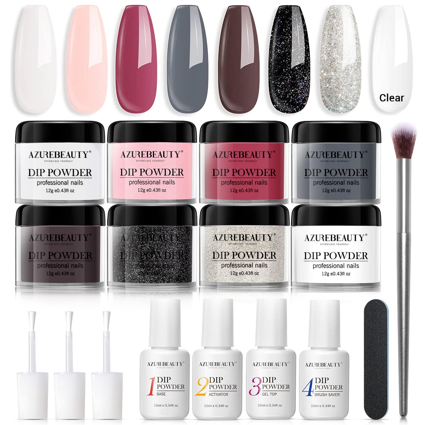 17Pcs Dip Powder Nail Kit Starter, AZUREBEAUTY 8 Color Nude Clear White Classic Nail Dip Powder Kit System With Base Top Coat Ativator Brush Saver for French Nail Art