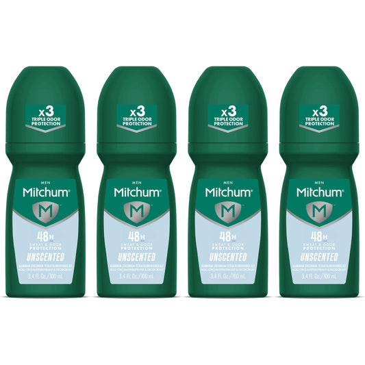 Mitchum Invisible Anti-Perspirant & Deodorant Roll-On, Unscented 3.4 oz (Pack of 4)