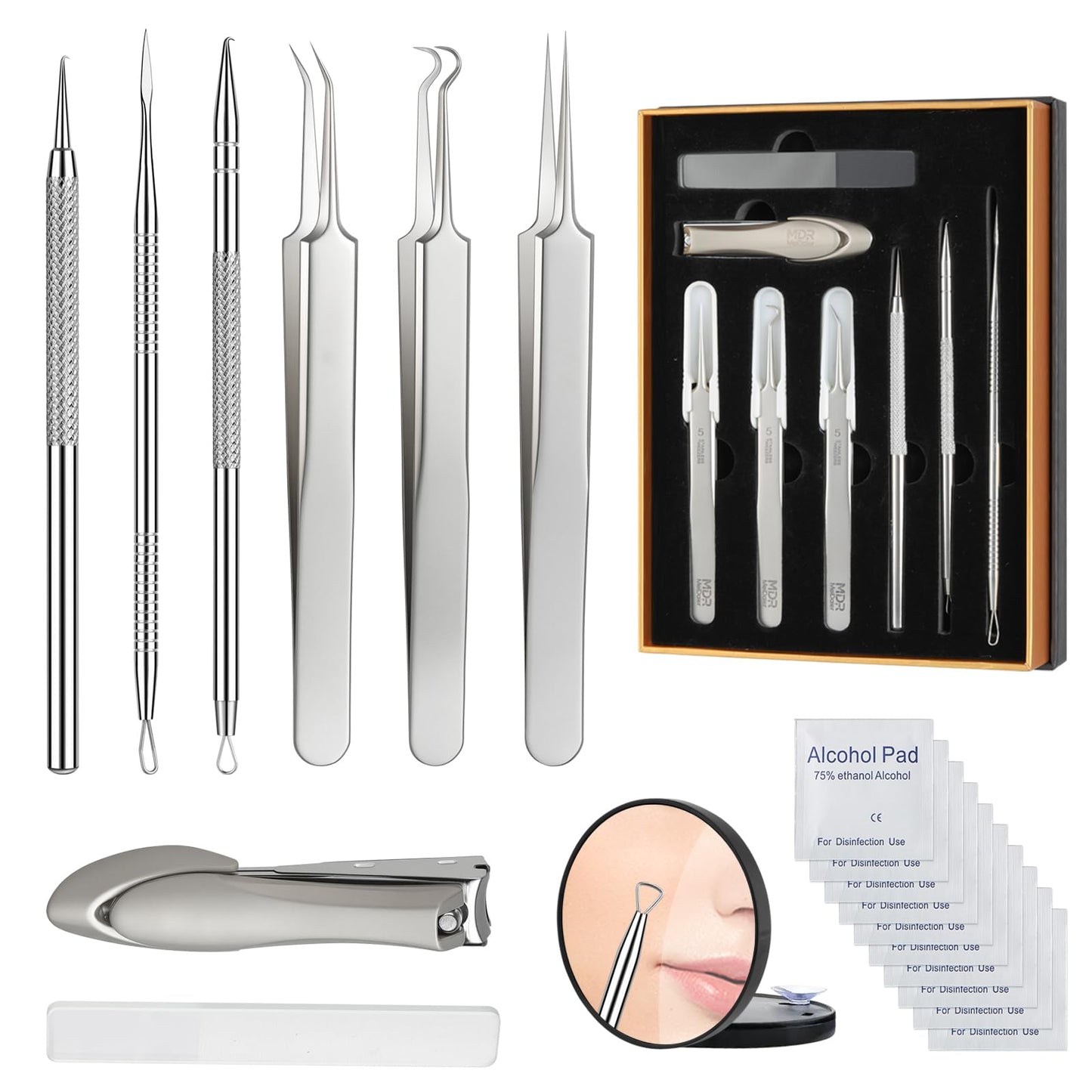 8PCS Professional Salon Grade Blackhead Remover Tool Kit, Comedone Extractor Set for Facial Acne Pimple Blemish Whitehead, Comes with 10X Magnifying Mirror & 20 Alcohol Prep Pads