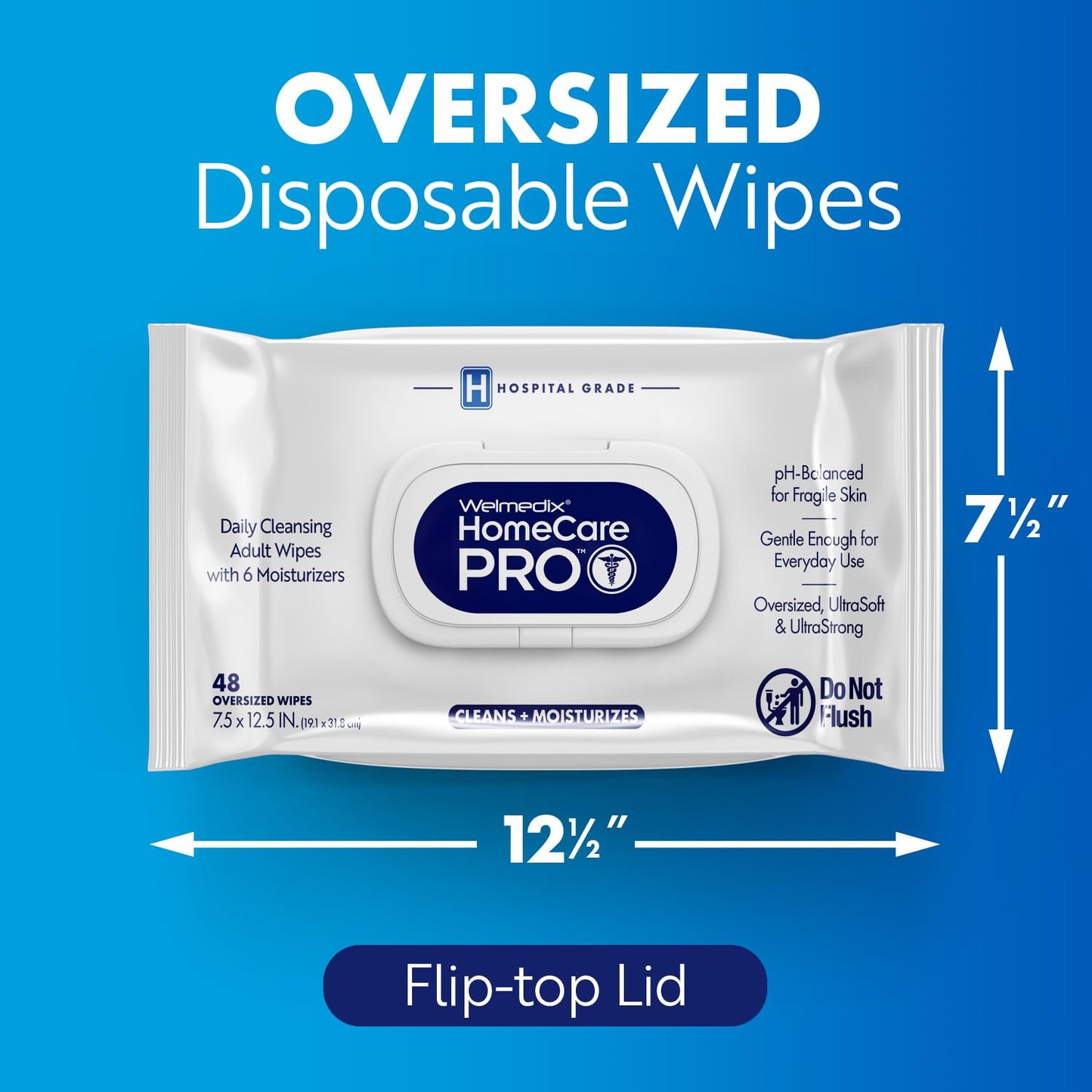 Adult Bathing Wipes - Oversized No Rinse Moisturizing Washcloths for Sensitive Skin | XL 7.5” x 12.5” - 48 Count