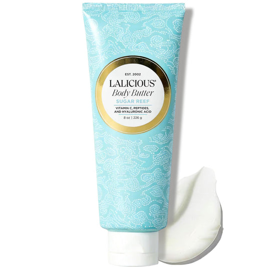 LaLicious Sugar Reef Whipped Body Butter 8oz | Ultra-Hydrating Shea Butter Body Cream with Hyaluronic Acid, Vitamin C & Peptides | Deep Moisturizing Lotion for Dry Skin | Firming & Skin-Softening