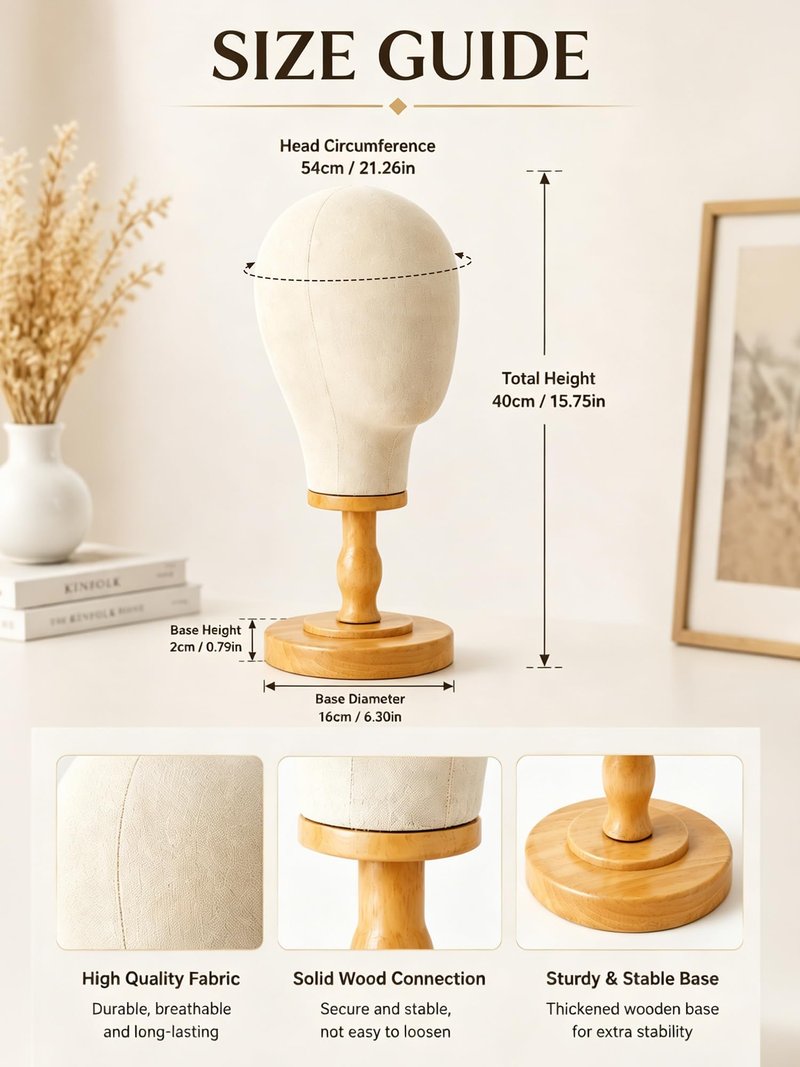 CHADWICK Wig Head Stand Mannequin Head Hat Display Stand Linen Wig Holder, Hat Rack Fabric Head, Canvas Dome + Detachable Wood Stand, Wig Display Model Head Wig Stand for Wigs, Hats, Caps, Headdress