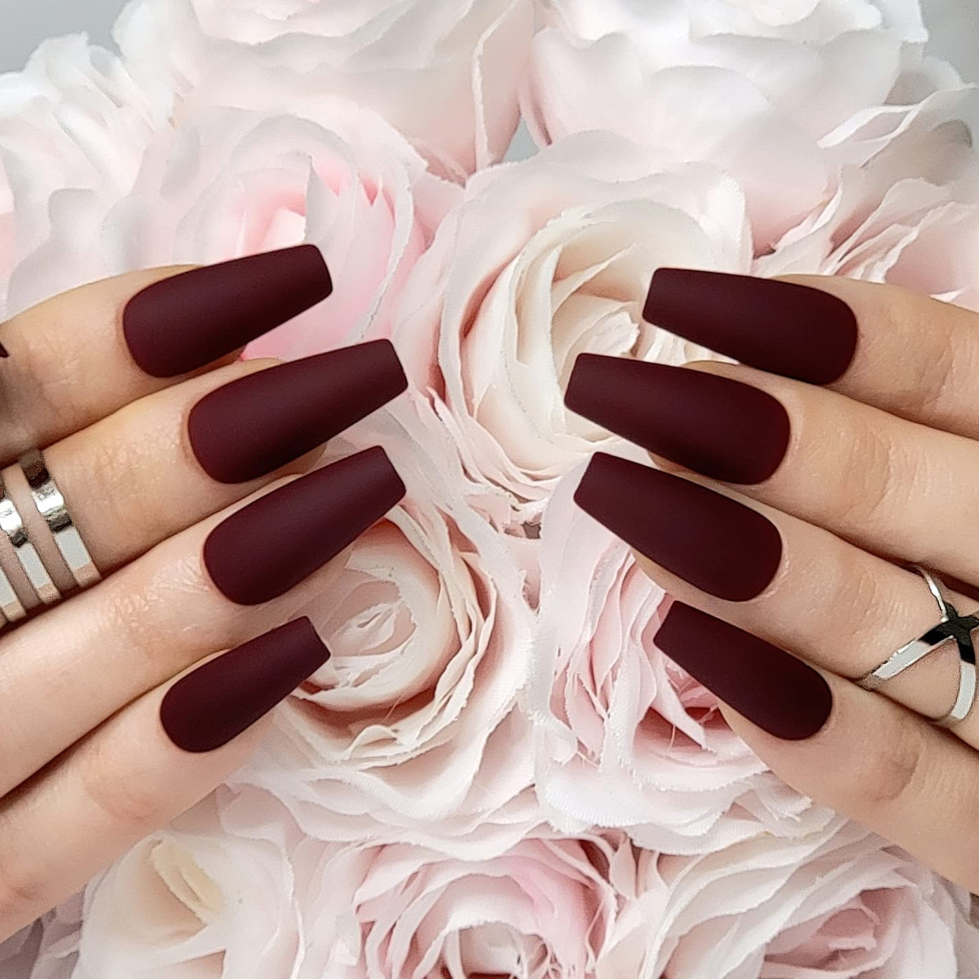 Press On Nails - Maroon Xtreme & Noir Matte Coffin | Trendy, Salon-Quality Reusable Nail Kit