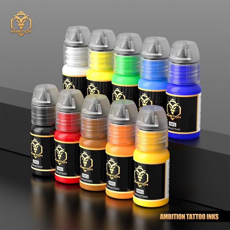 Ambition Tattoo Ink Kit 10 Mixed 1/2 oz(15ml) Bottles Color Professional Pigment Set Supply for Beginners and Pro Artists