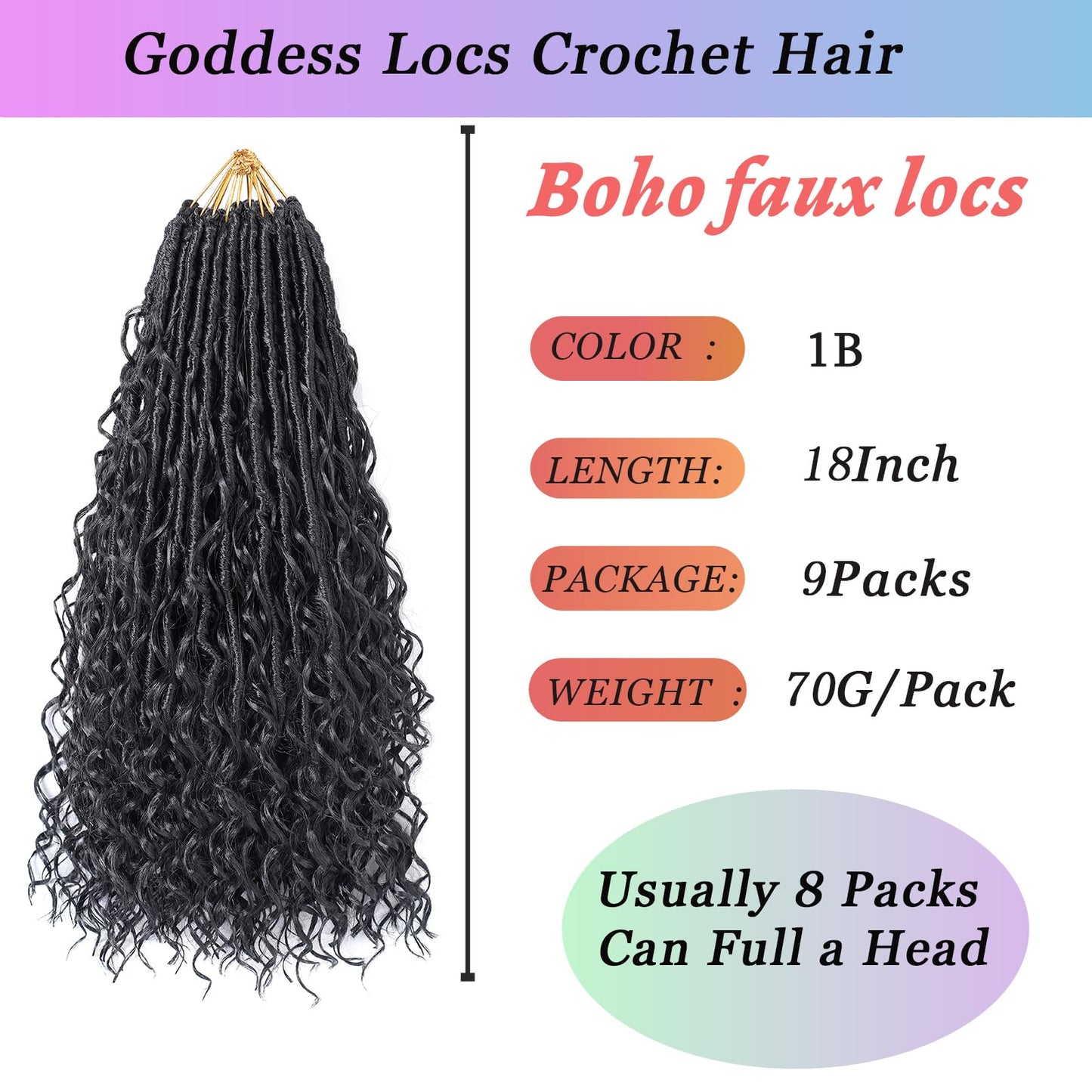9 Packs Boho Faux Locs Crochet Hair 18Inch Goddess Locs with Curly Ends Long Bohemian River Pre Looped Faux Locs Crochet Hair for Black Women (18Inch,1B)