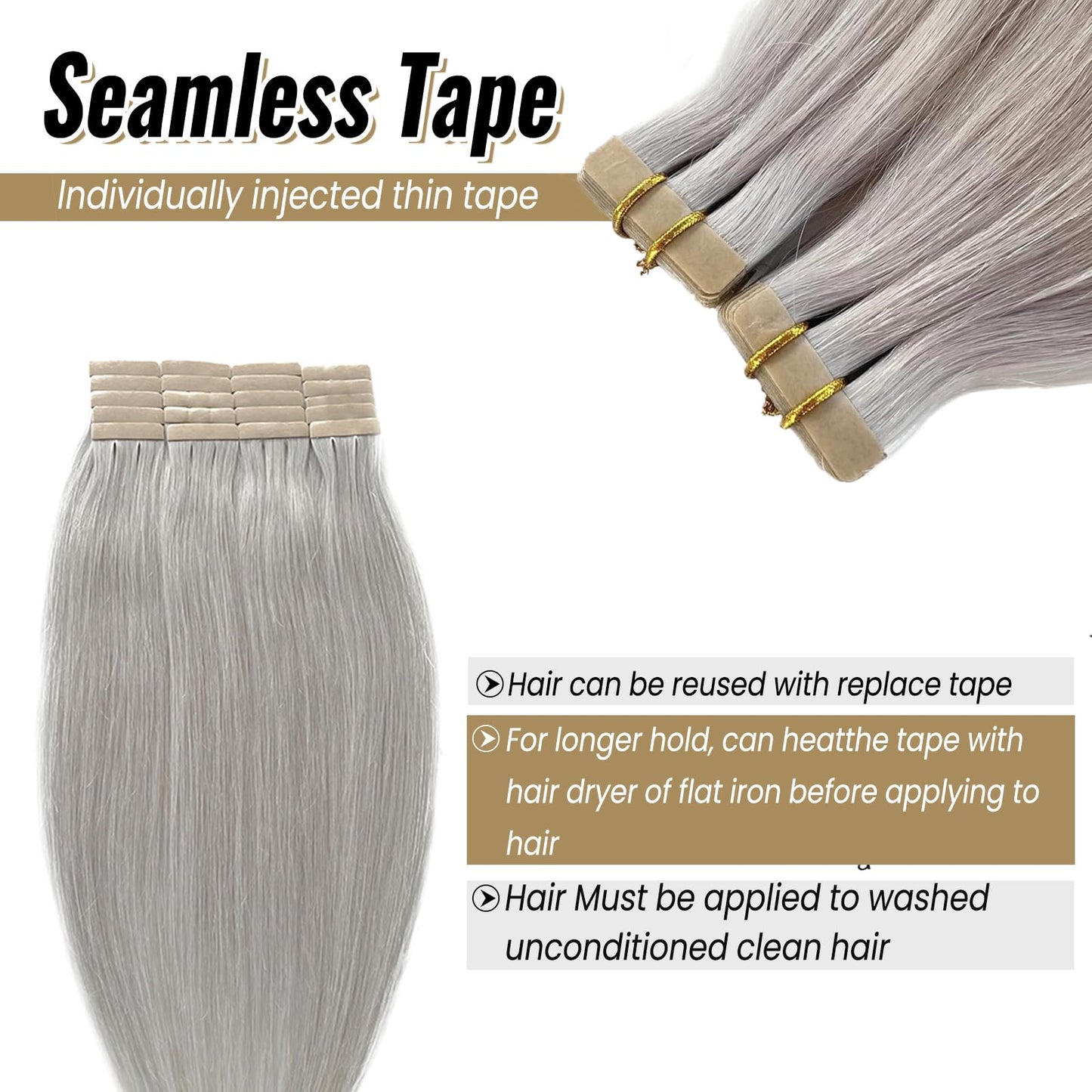 Platinum Silver Invisible Seamless Tape in Hair Extensions Human Hair 16inch Silver Grey Double Sided Pu Hair Extensions Tape ins Human Hair for Women 50g/Pack