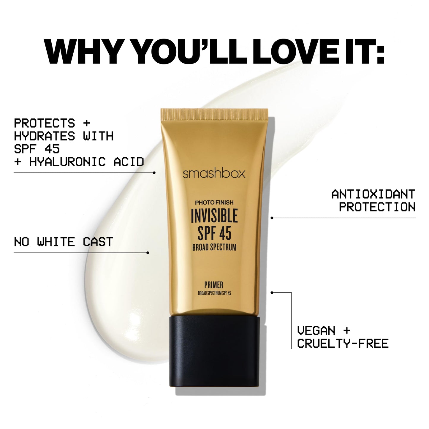 Smashbox Photo Finish SPF 45 UVA/UVB Primer | Non-Greasy, Non-Pilling, Lightweight, Breathable Primer that Protects Skin and Makeup with SPF + Antioxidants, 1.01 Fl Oz