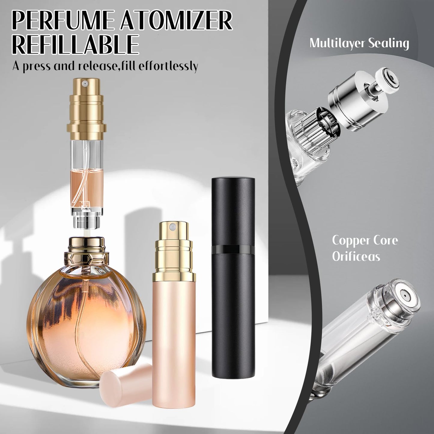 Perfume Travel Refillable Bottle,Perfumes Atomizer Bottle,Mini Cologne Dispenser, Portable Fragrances Sprayer Pocket Size Perfume Container for Women Men Cruise Trip Gift, 5ml (Black & Rose Gold)