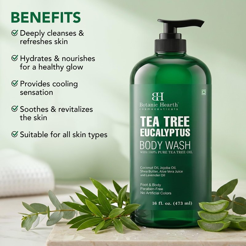 Botanic Hearth Eucalyptus & Tea Tree Body Wash – Refreshing & Invigorating Shower Gel for Men & Women, Helps Soothe Skin, Sulfate & Paraben Free – 16 fl oz