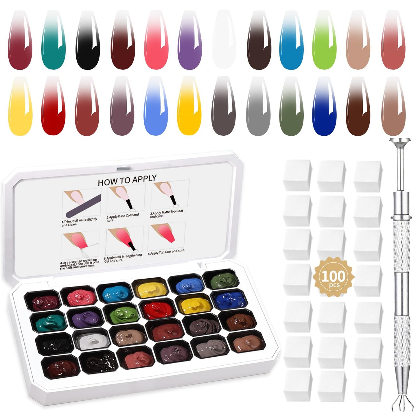 Ombre Gel Nail Polish Set - 24 Vibrant Colors for Gradient Nail Art | Includes 100 Nail Sponges