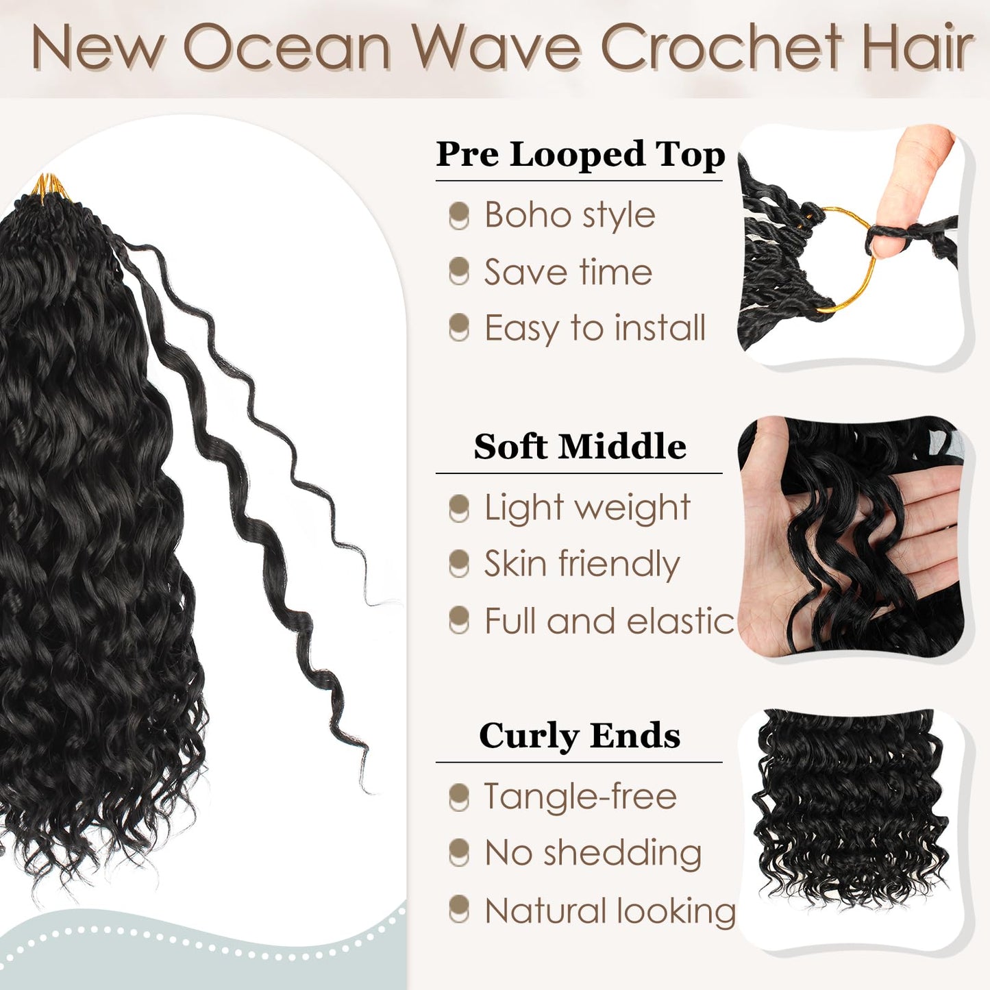 Toniola Pre Looped Ocean Wave Crochet Hair 14 Inch 8 Packs Black Boho Ocean Deep Water Wave Beach Curl Braiding Hair Pre Twisted Synthetic Short Wavy Curly Crochet Hair for Women(14inch 1B)