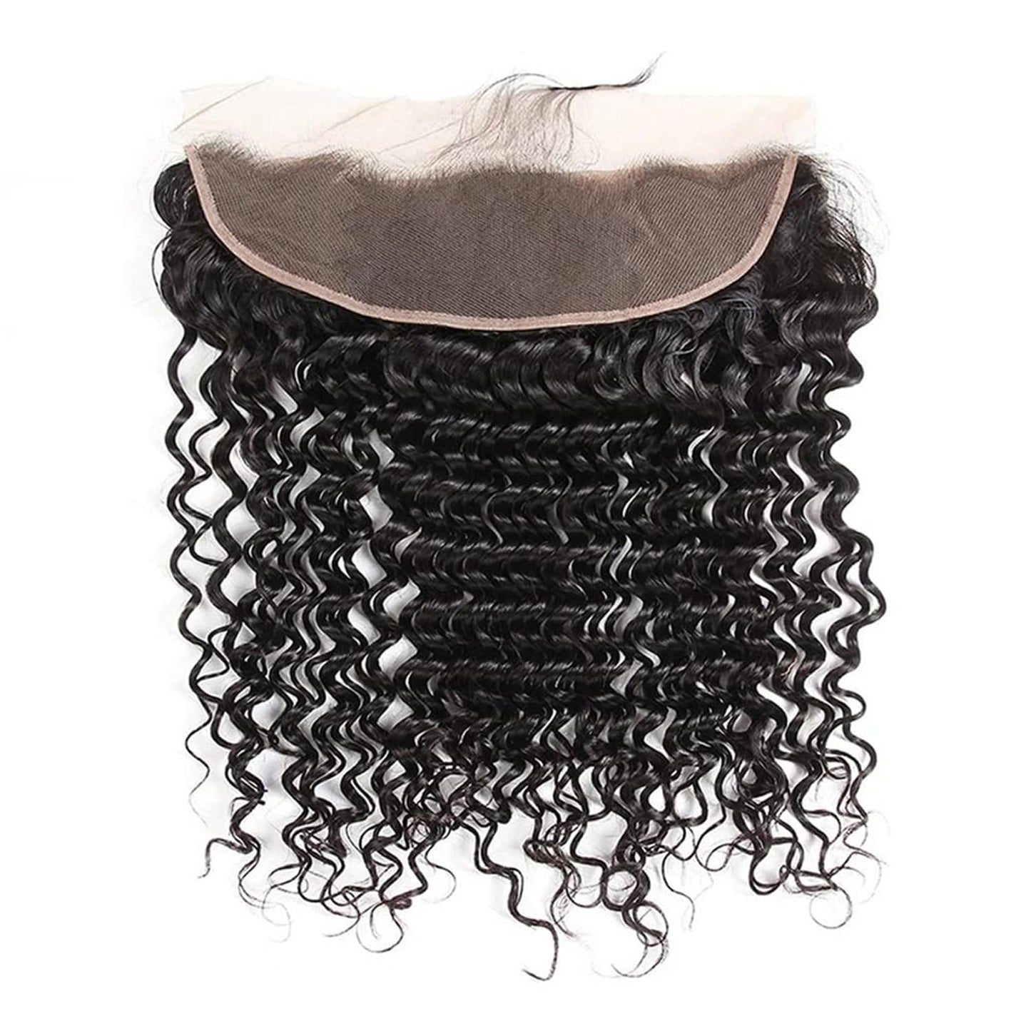 Deep Wave Lace Frontal Closure - 13x4 HD Lace 16 Inch Brazilian Curly Virgin Human Hair Extensions | Pre-Plucked, Natural Black, 150% Density