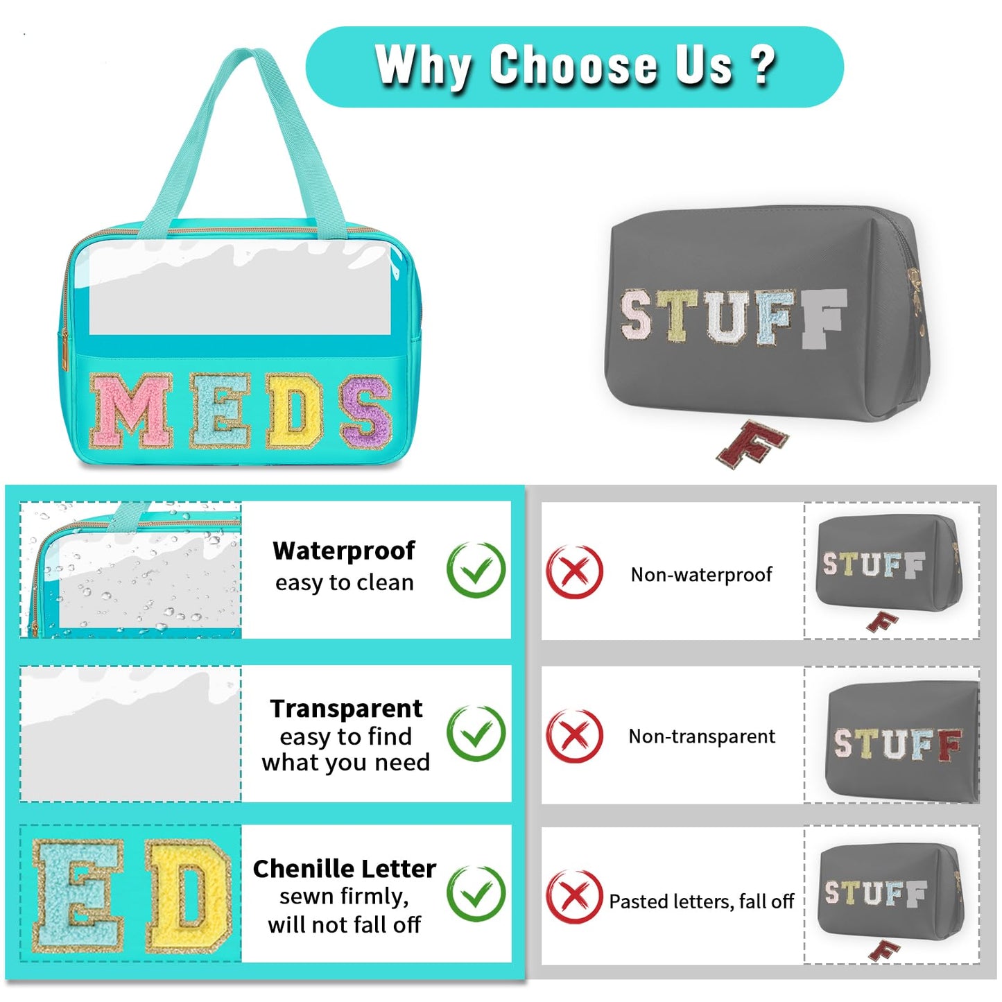 Chenille Letter Clear Makeup Bag MEDS Tote, Large Preppy Medicine Bag Travel Drugs Pills Bag Zipper Pouch with Handle,Waterproof Nylon Portable Cute Cosmetic Toiletry Storage Bag for Women(MEDS-Green)