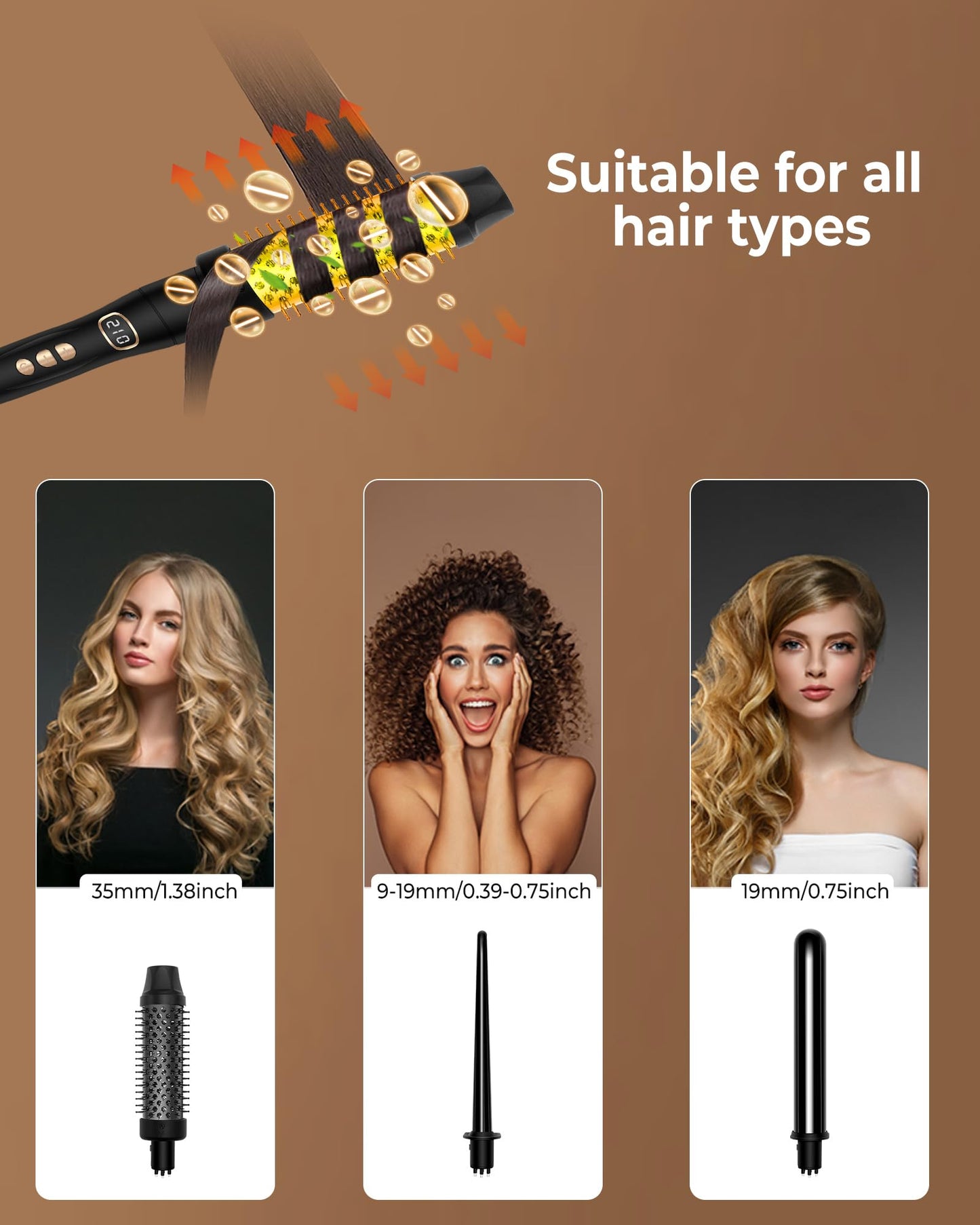 Ukliss 3 in 1 Curling Iron Set, Heated Round Brush for Straightening Curling Detangling, Ceramic Curling Wand for Versatile Styling, Dual Voltage Curling Iron Travel Friendly (Black)