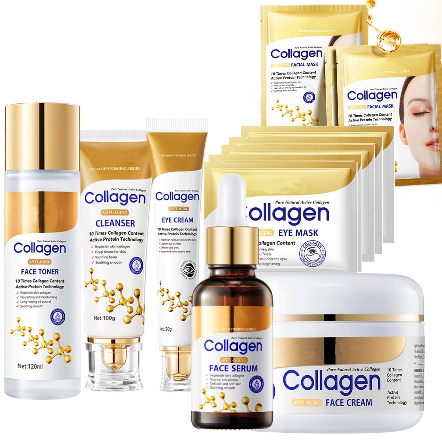 Collagen face wash sets for women, 13 Pcs Skin Care Set , Facial Kit with Facial Cleanser Toner Eye Cream Face Serum Face Cream Face Mask Eye Mask