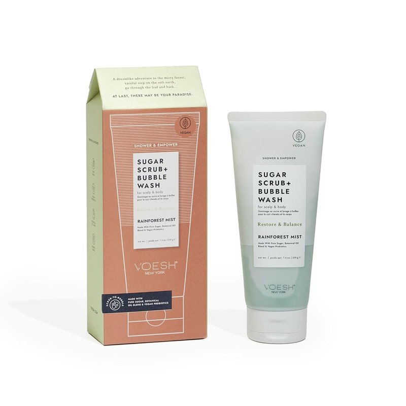 VOESH Sugar Scrub & Bubble Wash - Exfoliating Body Wash for Scalp Care | Rainforest Mist, Vegan Formula