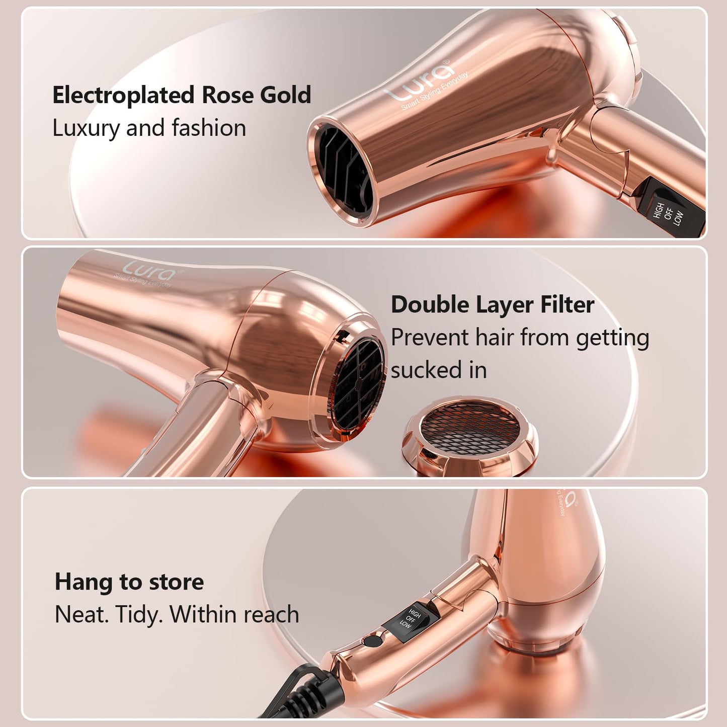LURA Auto Dual Voltage Travel Hair Dryer with Diffuser,Travel Blow Dryer Mini with EU Plug and UK Plug,Lightweight Portable Hairdryers with Folding Handle,1200W Compact Small Blowdryers for Women