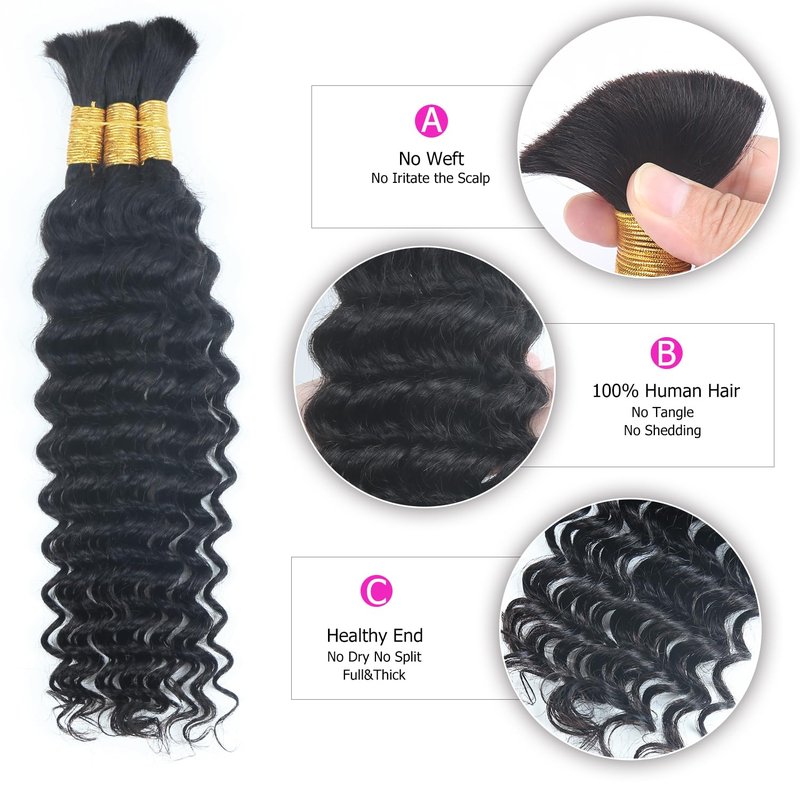 100 Percent Human Braiding Hair for Boho Braids 110g 20 Inch 12A Deep Water Wave Bulk Human Hair for Braiding Extensions Bohemian Curly Braids No Weft 3 Bundles Knotless Wet and Wavy Natural Color