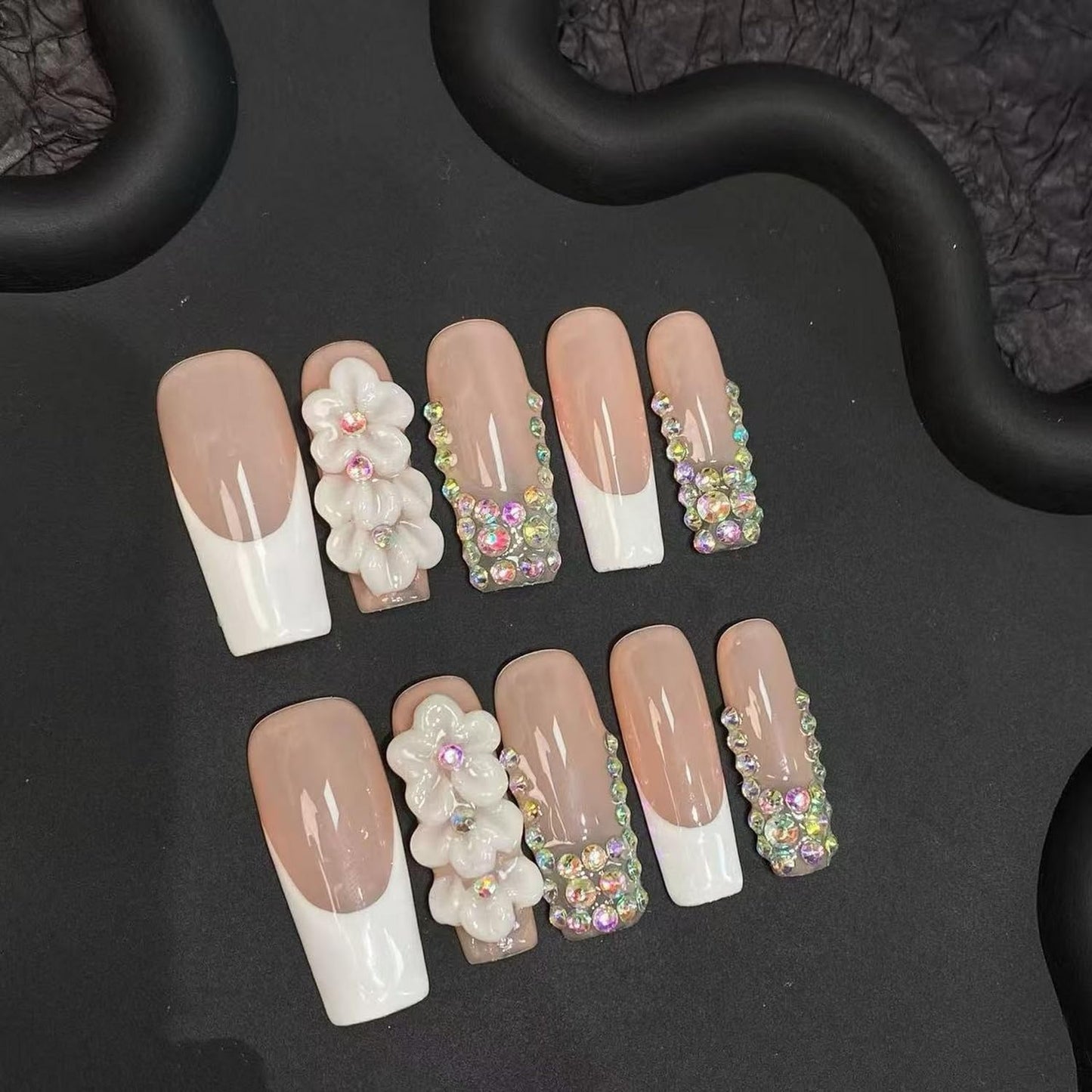 Handmade Press-On Nails | Medium Square White French Nails with Rhinestones & 3D Flowers - Full Cover Manicure Art (Size M)