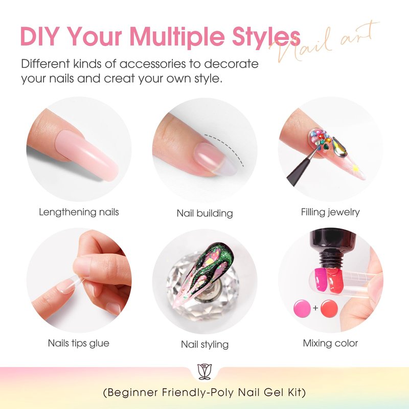 Poly Nail Gel Kit -20 Colors + 76 Nail Art Accessories ROSALIND Nude Clear Poly Nails Gel Kit Starter Kit with Slip Solution Nude Pink Nails Extensions with Mini UV Lamp