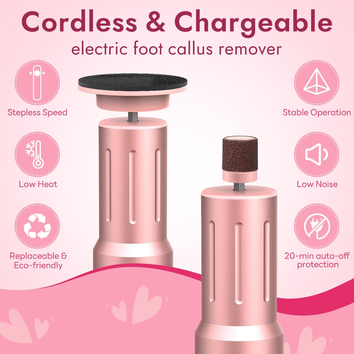 JINYAWA Electric Foot Callus Remover - 2-in-1 Rechargeable Cordless Foot File with LCD Display & 6 Speeds - Professional Foot Sander for Dead Skin, Thick Nails, Heels and Soles (Pink)