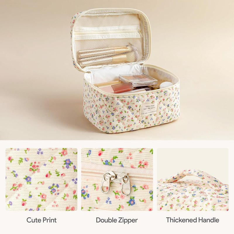 HBselect Quilted Makeup Bag, 3PCS Cotton Large Travel Makeup Bag, Cute Floral Coquette Make up Bag Cosmetic Bag Toiletry Bag for Women Girls