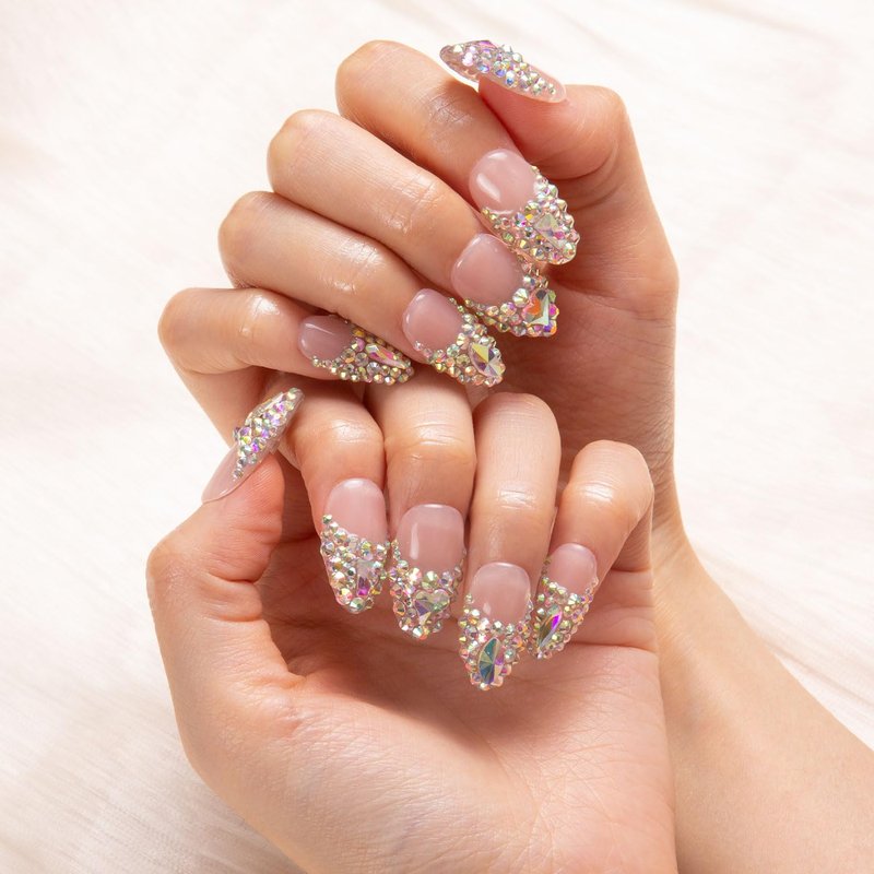 LOVFUL Press on Nails Citrus Bloom | Handmade with Full Covered Crystals | Reusable Fake Nails | Almond Regular 1.0 in | H209-M