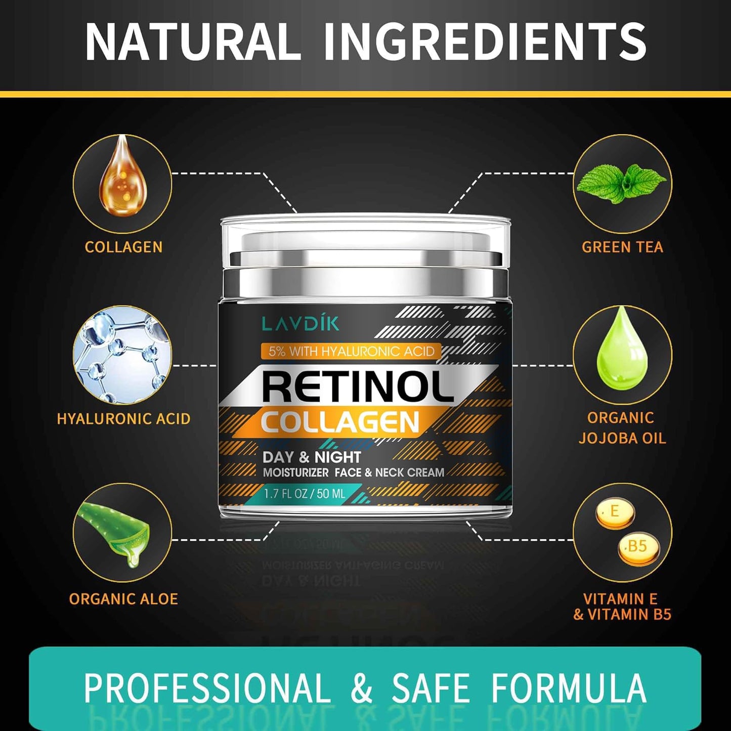 Retinol Cream for Face - Anti-Aging Moisturizer with Hyaluronic Acid | Reduce Wrinkles & Fine Lines, 1.7 Fl Oz