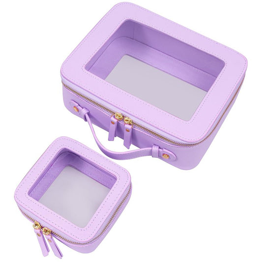 LETGO Clear Makeup Bag Organizer Set,Portable Travel Toiletry Case for Women, Vegan Leather Cosmetic Pouch Car Bag for Essentials(Mini+Large Purple)