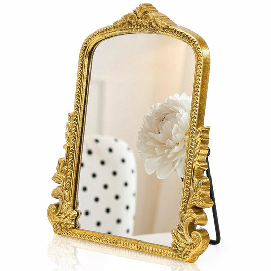 ZOOFOX Vintage Vanity Desk Table Mirror, 11.8" x 9.6" Arched Antique Makeup Mirror with Full Wooden Frame, Small Standing Carved Baroque Mirror for Living Room, Bedroom Dresser, Desktop Decor