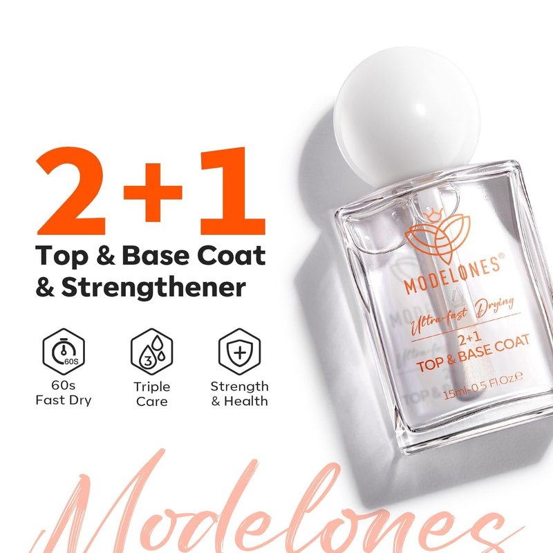 modelones Nail Polish Top Coat Base Coat 3-in-One, 15 Ml Clear Nail Strengthener Quick Dry Long Lasting Shine Chip Fade Resistant Nails Protect Care Gifts for Women
