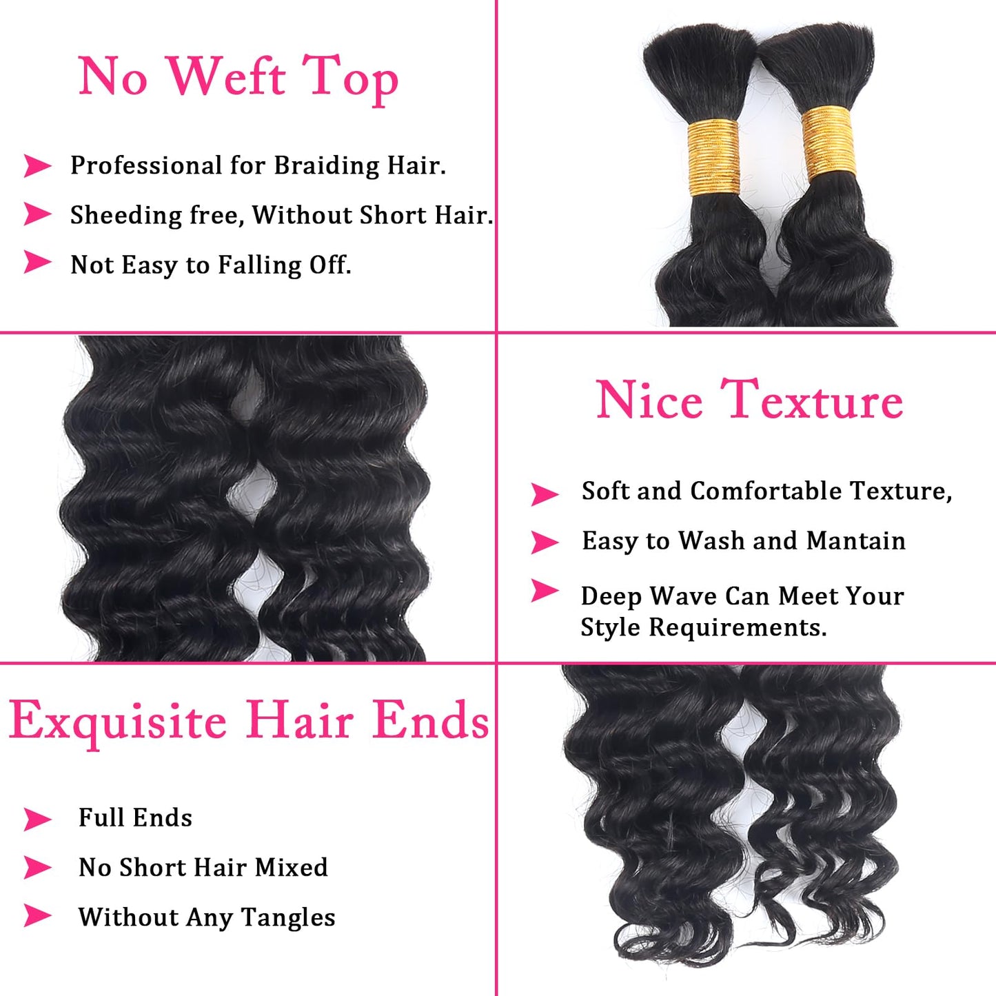 B-Fashion Human Braiding Hair for Boho Braids Deep Wave Bulk Human Hair for Braiding 18 Inch 2 Bundles 100G 100% Brazilian Wet and Wavy Curly Extensions No Weft Bundles