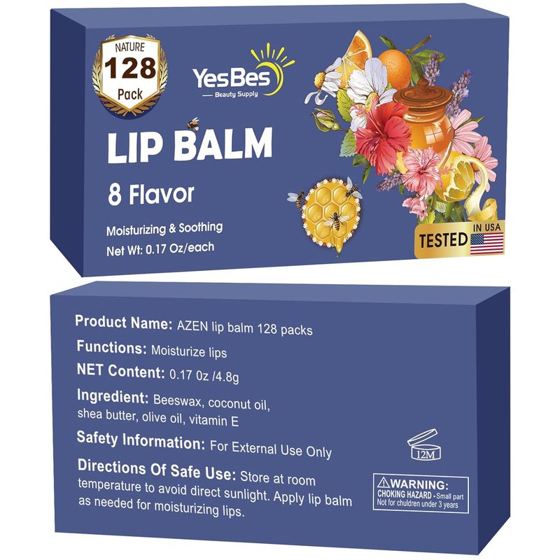 128 Pack Natural Lip Balm | Moisturizing with Vitamin E & Coconut Oil - 8 Flavors for Dry Cracked Lips