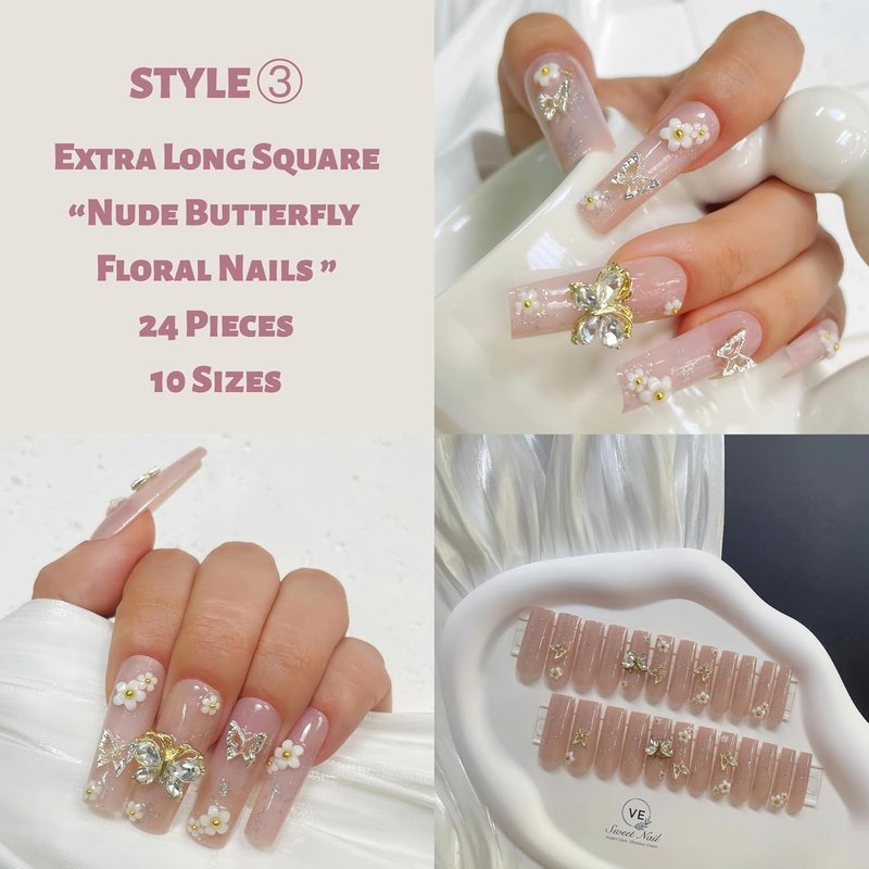 Extra Long Square Press-On Nails - 4 Box Set with 3D Designs | Stylish False Nail Tips for Women | Perfect Gift Idea