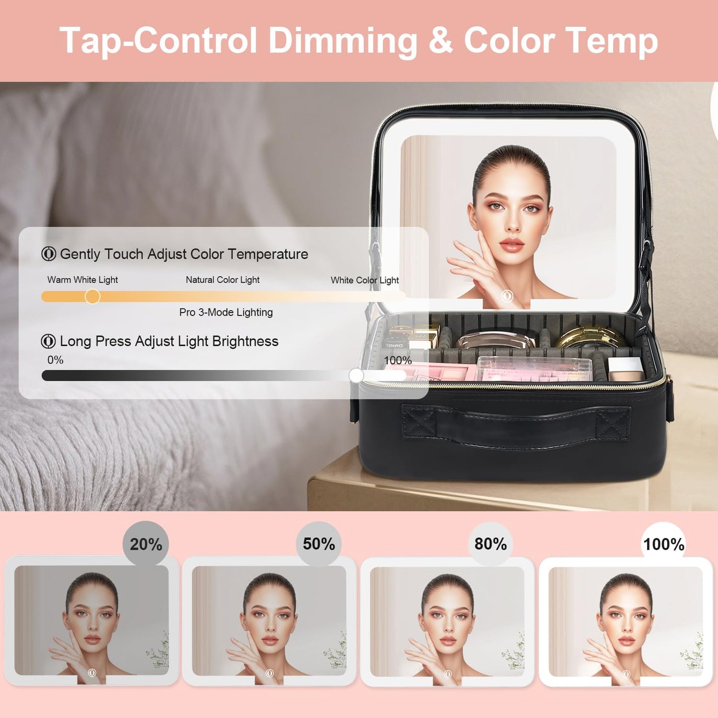 Makeup Case with LED Light Mirror, Professional Portable Travel Cosmetic Organizer Bah with Adjustable Dividers, USB Charging, Large Capacity, Ideal for Travel, Gift for Women Girls, Black
