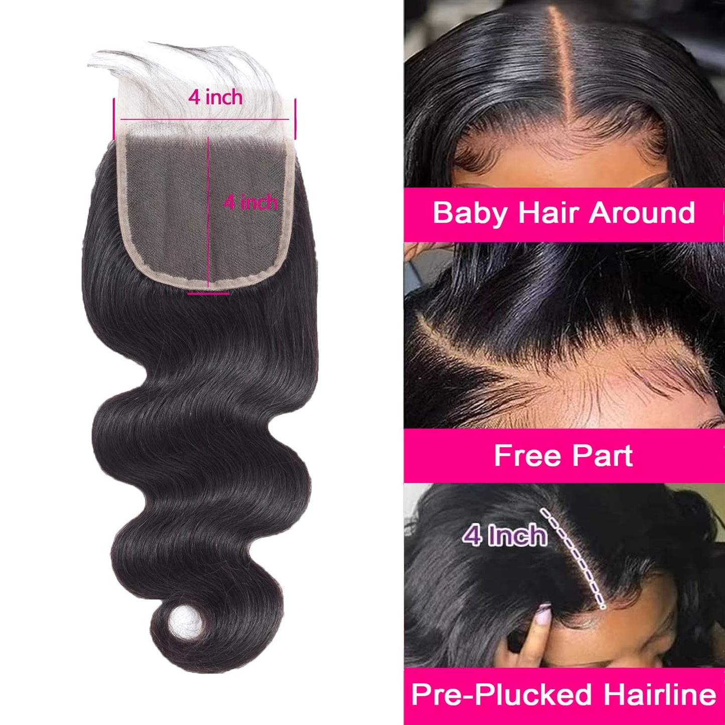 4x4 Human Hair Lace Closure Body Wave HD Lace Closure 18 Inch Free Part 100% Unprocessed Brazilian Virgin Human Hair Closure Hd Transparent Closure 150% Density Pre Plucked Natural Black