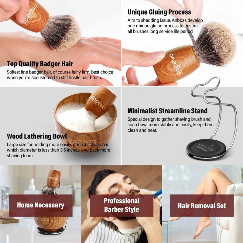 Anbbas Pure Badger Hair Shaving Brush Wood Handle and Large Soap Bowl with Stainless Steel Shaving Stand 3in1 Kit for Men