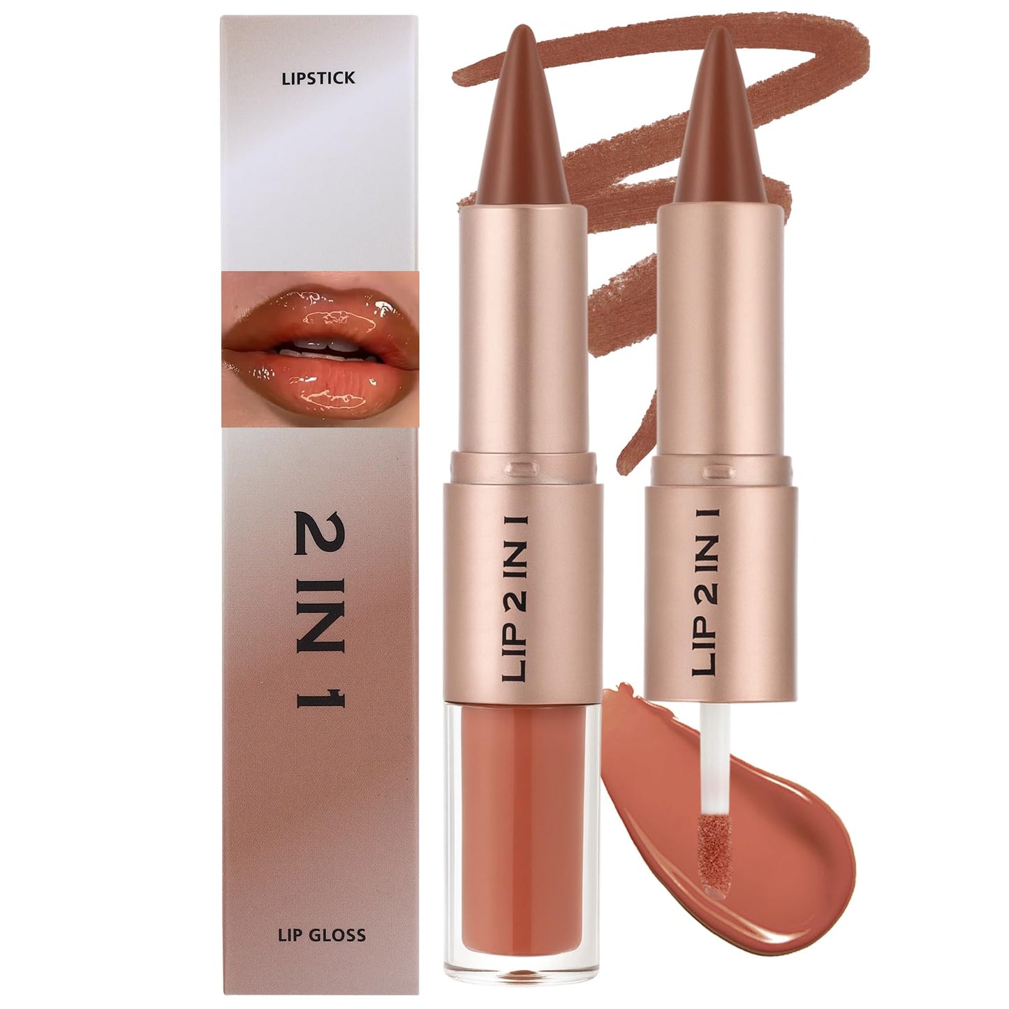 Jutqut Lip Liner & Gloss Lipstick Combo - 2 in 1 Dual-Ended Lip Combo Set, Nude Brown Velvet Matte Lip Liner & Buildable Light Brown Glowy Lip Gloss Kit for Women, Long Wear Shiny Plumping Finish, 06
