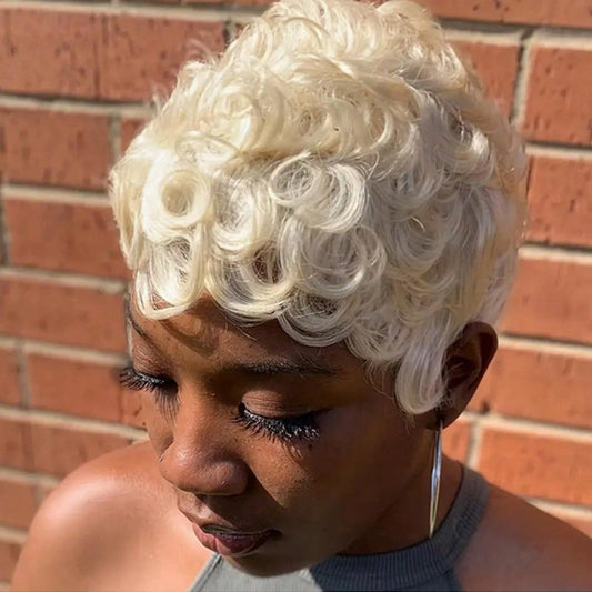 TotoTwinkle 613 Pixie Cut Wig,Short Curly Pixie Wigs Human Hair for Black Women,Full Machine Made,Blonde Glueless Wigs,150% Density For Daily Use Wear and Go Wig (#613, 6 inch)