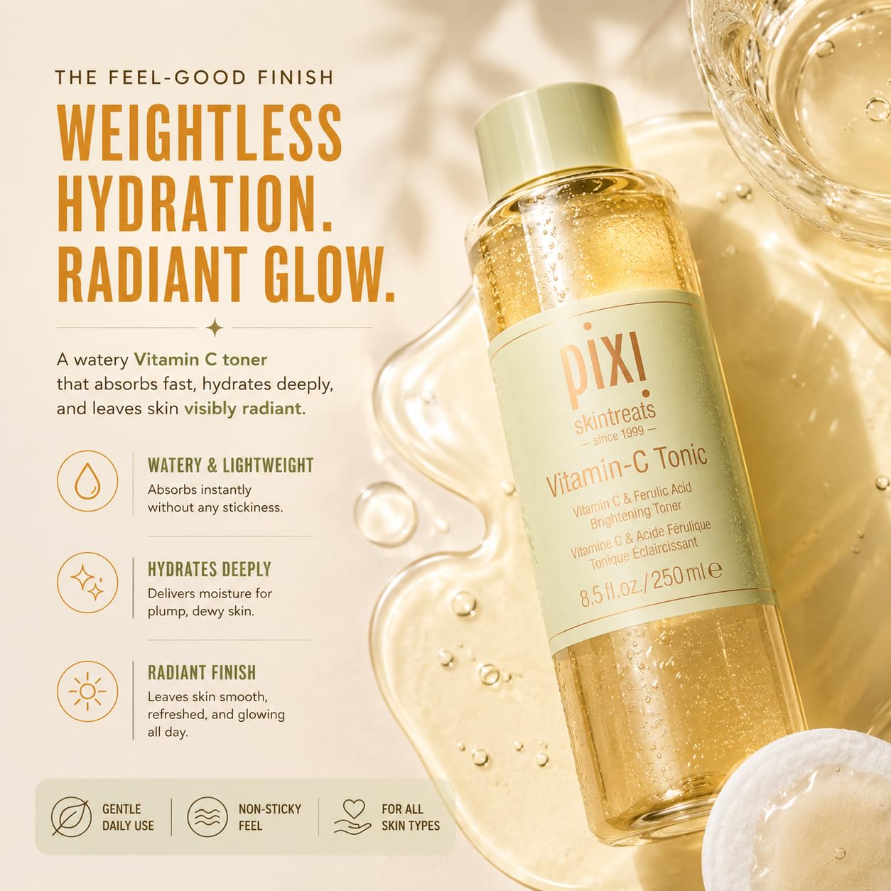 Pixi Vitamin-C Toner Tonic | Fade Dark Spots & Brighten Skin | Vitamin C & Ferulic Acid, with Probiotics | Boost Skin Luminosity, Brighten Dull Skin, Alcohol Free Daily Toner (250ml / 8,5 fl oz)