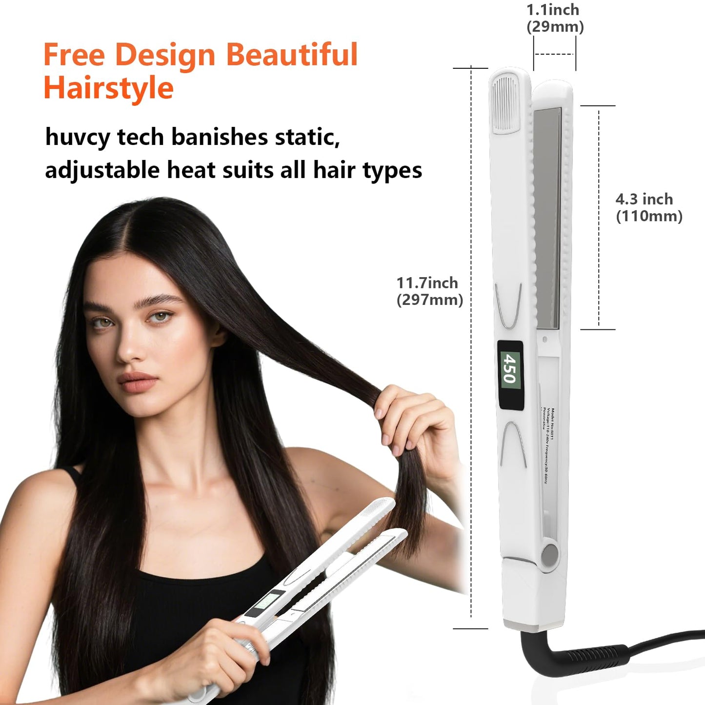 Huvcy 1 Inch Hair Straightener, Fast Heating Dual Voltage Hair Straightening, Flat Iron Titanium Hair Straightener, Reduces Frizz, Makes Hair Shinier and Smoother, White
