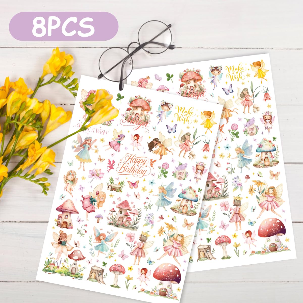 Papiailove Fairy Temporary Tattoos - Woodland Fairy Wings Magical Birthday Party Favors Decorations Supplies Spring Tea Party(8 Sheets)