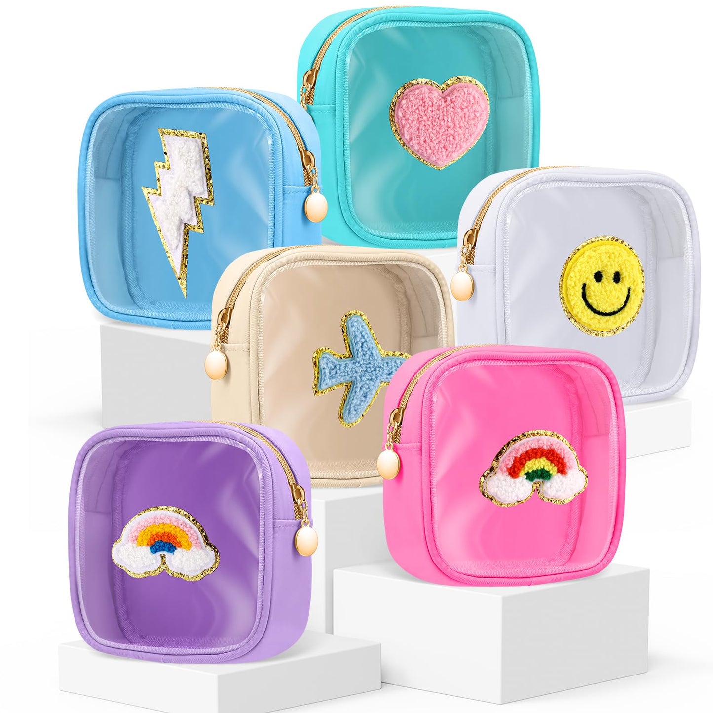 Silkfly 6 Pcs Cute Preppy Patch Makeup Bags Bulk Christmas Mini Pouches for Gifts Chenille Nylon Toiletry Macaron Color Cosmetic Bags with Zipper Clear Toiletry Pouches for Women Travel Supplies