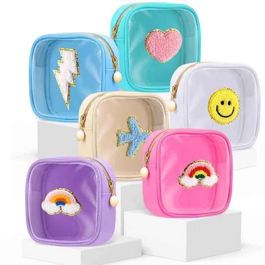Silkfly 6 Pcs Cute Preppy Patch Makeup Bags Bulk Christmas Mini Pouches for Gifts Chenille Nylon Toiletry Macaron Color Cosmetic Bags with Zipper Clear Toiletry Pouches for Women Travel Supplies