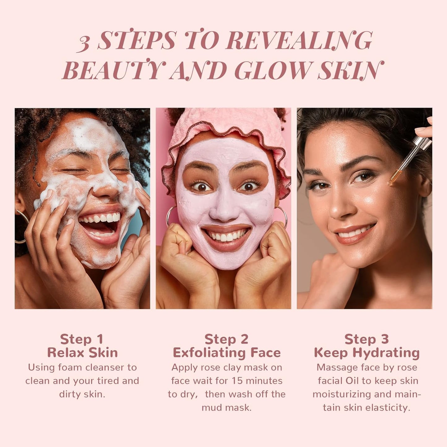 Hydrating Rose Skincare Gift Set - Purifying Facial Kit with Squalane, Clay Mask & Oil | Perfect Holiday Gift for Women