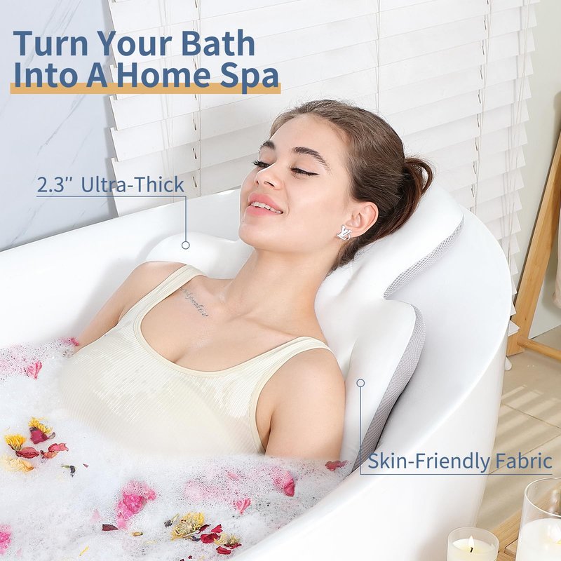 Luxury Bath Cushion, Full Body Bathtub Pillow with 160 Suction Cups, Bath Mat for Head and Neck Support, with Laundry Bag (White, 51" x 16")