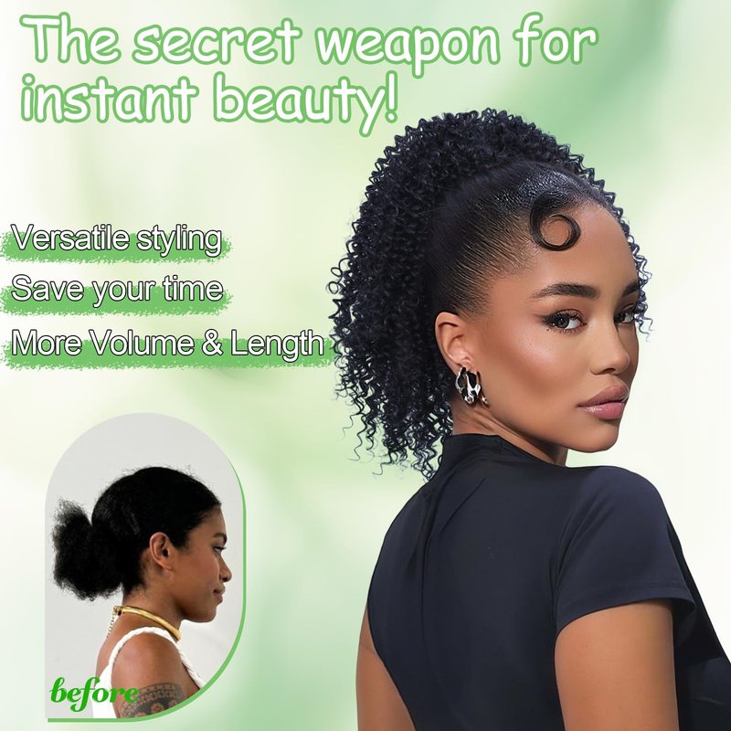 Ponytail Extension - 10 Inch Afro Kinky Curly Drawstring Hairpiece for Black Women | Mix Dark Brown (1B/33#)