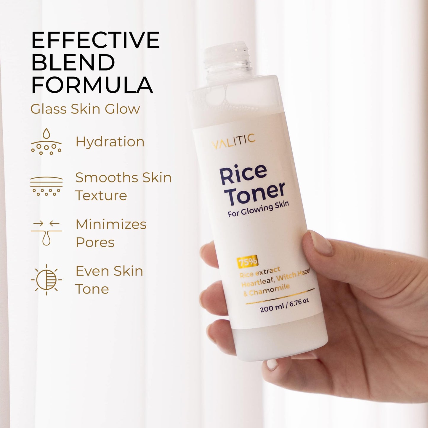 VALITIC Rice Toner - 75 Rice Extract Milky Toner for Face with Niacinamide, Heartleaf, Witch Hazel and Chamomile Essence - Facial Glass Skin Hydrating Skin Care - 200 ml, 6.76 fl oz