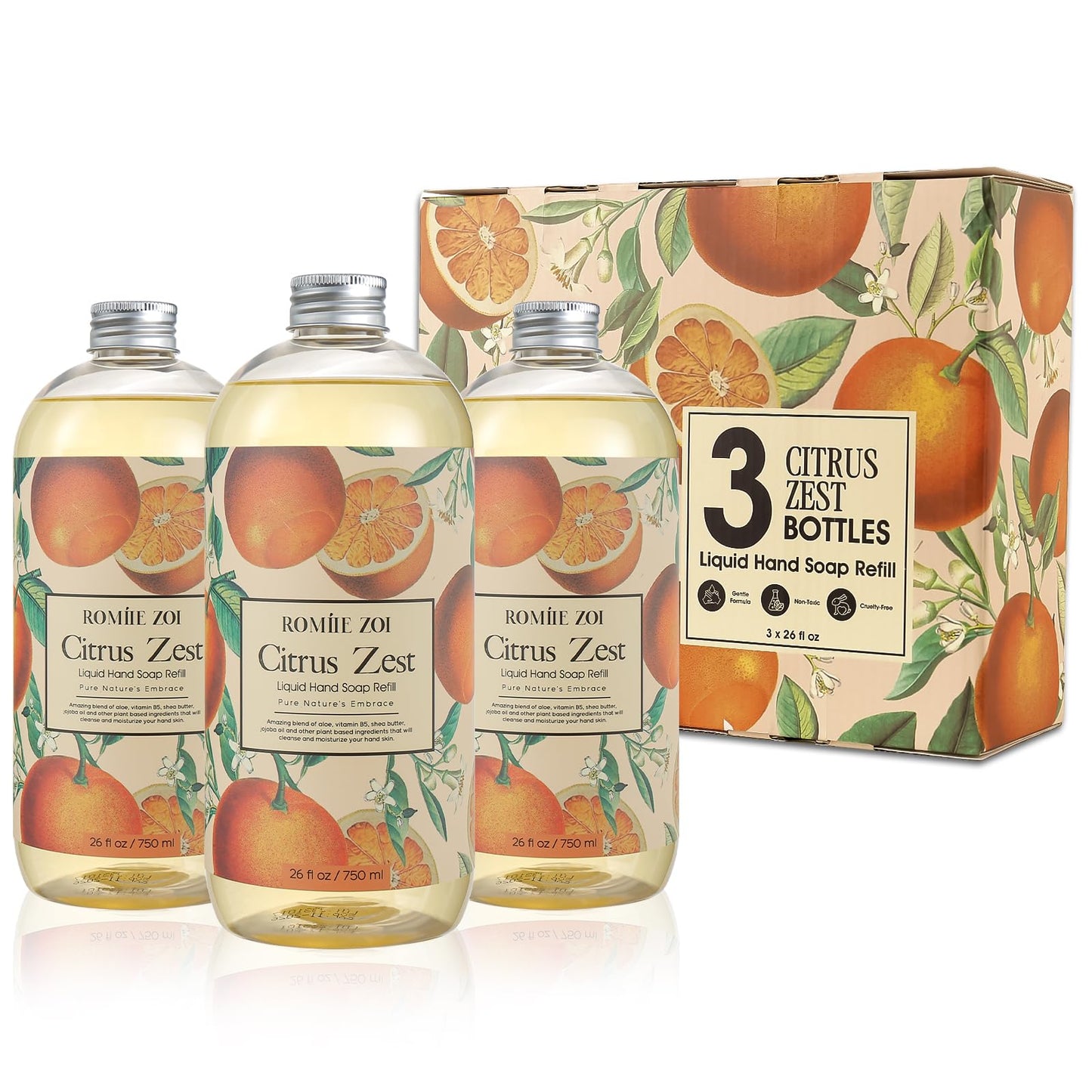 ROMIIE ZOI Liquid Hand Soap Refill Gift Set – 3 Pack (26 Fl Oz Each), Citrus Zest Scent – Moisturizing, & Cruelty-Free Formula with Essential Oils for Sensitive Skin